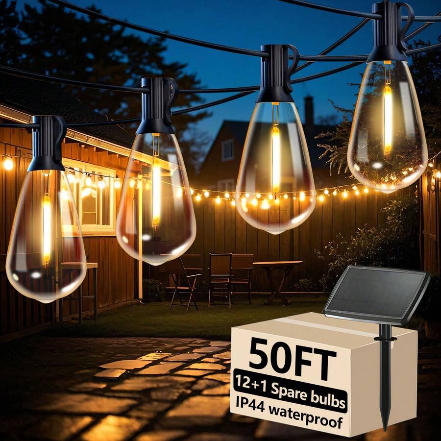 Outdoor ST38 Solar Light Strings, 50/100FT, 2700K Warm White, 12+1/ 24+1 Shatterproof Waterproof Bulbs, E12 Bases Bulbs Replaceable, Suitable For Room Decoration, Home Decoration, Wedding Decoration, Outdoor Decoration In Gardens, Cafes, Campsites - solar - 查看 1