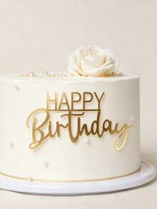 3pcs Gold Mirror Acrylic Happy Birthday Dual Font Letter Ornament Cake Topper, Simple Block & Elegant Cursive Integrated Stick Topper, Glossy Shiny Decor For Minimalist Elegant Birthday Party & Soft Private Special Occasions - A - View 3