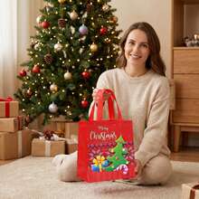 CARRIECUR Knit Pattern Christmas Reusable Non-Woven Tote Gift Bags, 4 Designs Santa Xmas Tree Gingerbread Gift Box Print Multicolor Handle Goodie Bags For Christmas Gift Wrapping, Xmas Party Favors, Winter Birthday & Retail Holiday Packaging Supplies - View 7