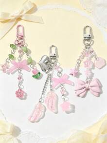1pc Exquisite Sweet Pink Resin Bow Flower Bag Charm, Glitter Wing Keychain Pendant - Multicolor - View 1