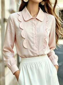 Blus Wanita Lengan Panjang Kancing Depan Berkerut Gaya Preppy Warna Polos, Cocok untuk Kantor, Rumah, Liburan, Hari Raya, Pakaian Sehari-hari, Semua Musim - Baby Pink - View 5