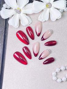 10 Pieces Of Handmade Press On Nails,Nails,Fake Nails,Summer Nails,Red Cat Eye Nails,With Burgundy Red Gradient V-Tips Or Hand Paint Red Flower,With A Row Of Shiny Clear Rhinestones,Perfect For Daily Wear,Dates And Party Holiday Occasions. - Red - View 4