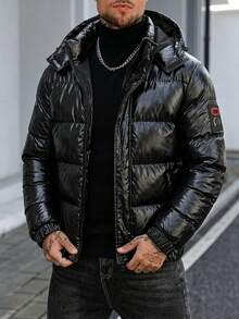Men's Winter Glossy Detachable Hood Long Sleeve Padded Coat - Black - View 3