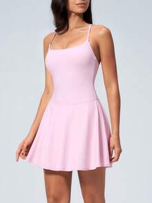 NcmRyu 1pc Women Hollow Out Asymmetrical Hem Waist Cinched Mini Dress Sports - Pink - View 5