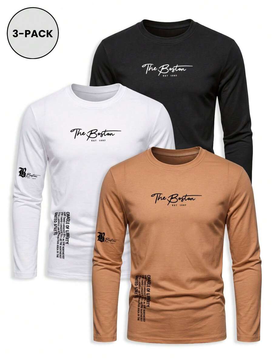SU ER 3pcs/Pack Men's Printed Long Sleeve T-Shirts - Multicolor - View 1