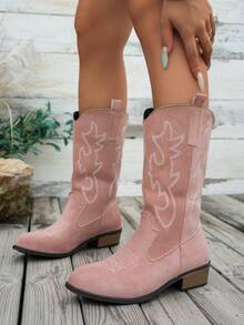 Women's Autumn/Winter Fashion Embroidered Faux Suede Pink Western Boots, Pointed Toe Chunky Heel V-Cut Over-The-Knee Long Boots, Cowboy Boots, Western Style Embroidered Holiday Edition - Pink - View 2