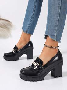 2026 Spring/Autumn New Women's High Heel Slip-On Pumps With Chunky Heel, Fashion Buckle Work Shoes For Women - Black - View 2