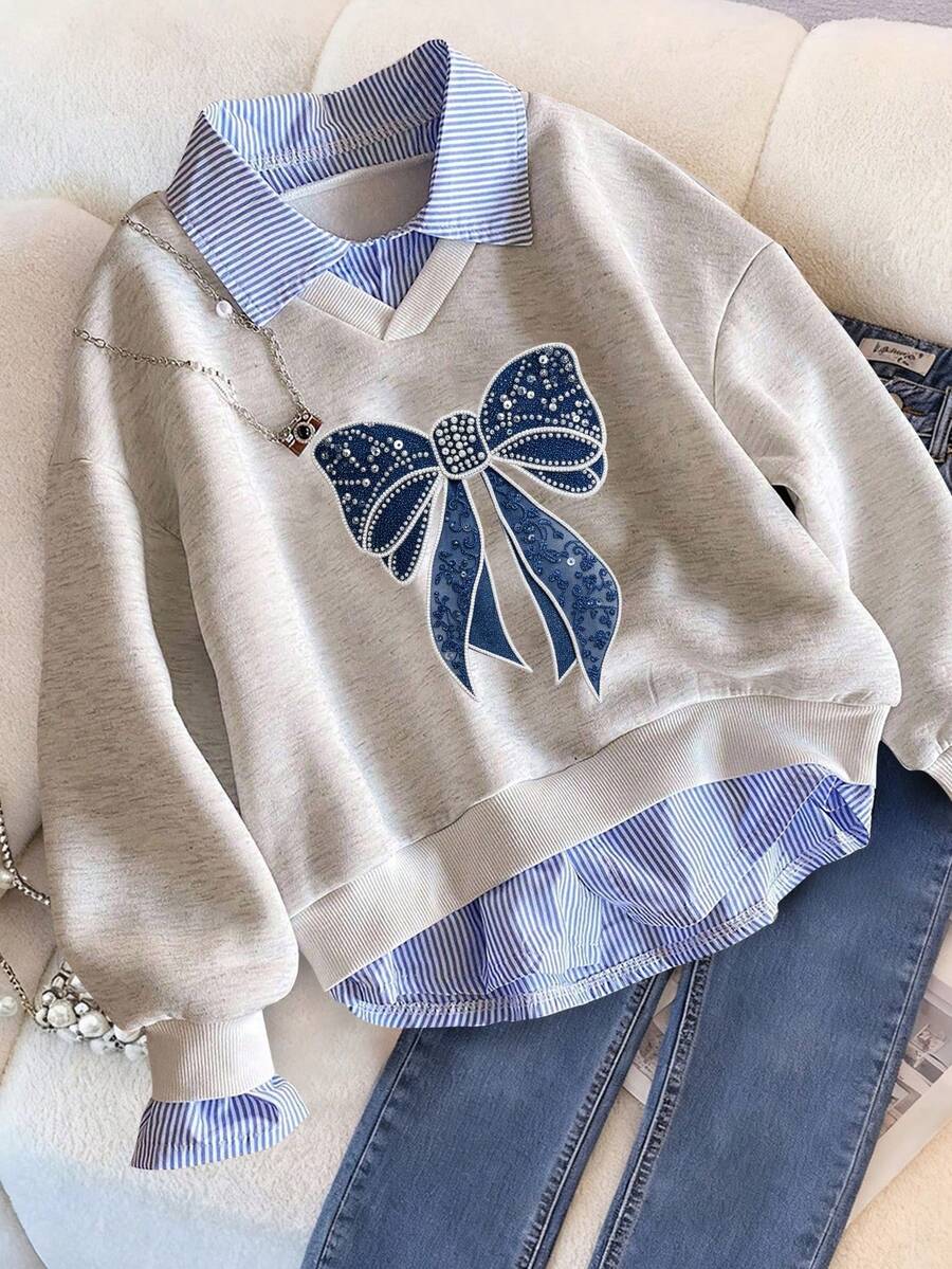 Young Girl Cartoon Print Warm 2 In 1 Sweatshirt - Grey - View 1