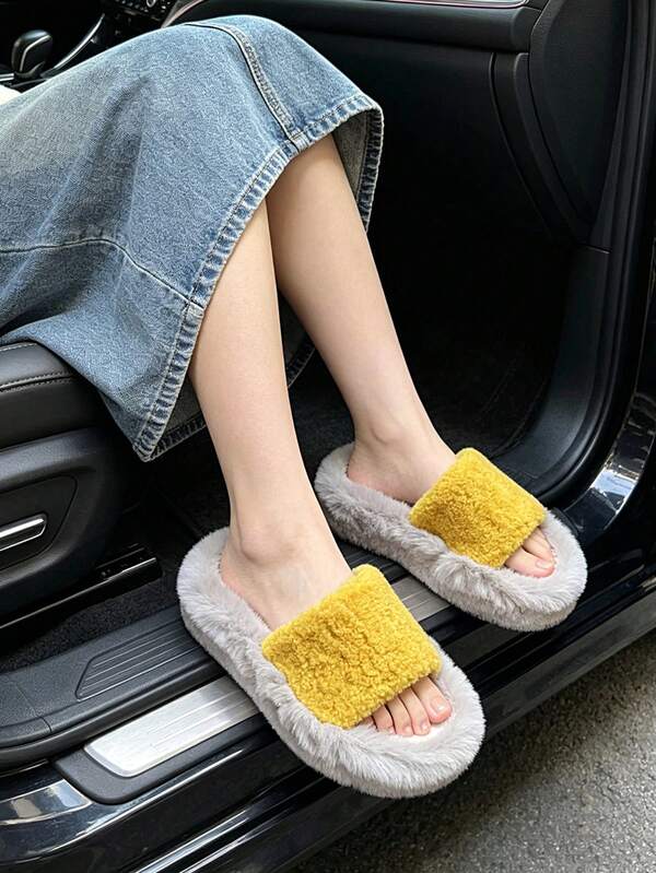 Pantuflas de mujer con punta redonda, suela gruesa que aumenta la altura, punta abierta, unicolor, estilo de vacaciones de hada, casual, de tela, peluche, esponjoso, suela gruesa, sin cordones, peludo, adecuadas para el hogar en todas las estaciones, combinan bien con vestidos, de moda, lindas y juveniles