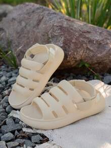 Women's Summer Casual Minimalist Versatile Solid Color Round Toe Thick Sole Wear-Resistant Breathable Slippers Open Toe Sandals Suitable For Indoor Outdoor Vacation - Beige - View 5