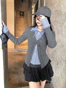 Women's 2 In 1 Cardigan, Plaid Patchwork, Tie Front And Long Sleeves - Grey - View 7