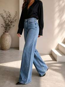 Women's Casual Washed Denim Wide Leg Pants, With Pockets, Long Length, Medium Stretch, All Season Fashion Style Fall - Medium Wash - View 4