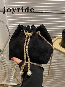 女士休闲单肩抽绳斜挎包，复古风 - 黑色 - 查看 10