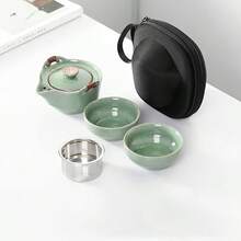 Outdoor Travel Tea Set, 1 Pot And 2 Cups, Portable Kung Fu Tea Set, Ceramic Tea Set With Filter And Protective Storage Bag. Suitable For Outdoor BBQ, Party, Camping, Space-Saving Design. - Green - View 7