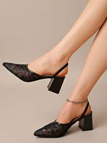 French Style Closed Toe Sandals Women Summer New Square Toe Anti-Kick High Heel Chunky Heel Backless Design Pumps - Black Branches - View 4