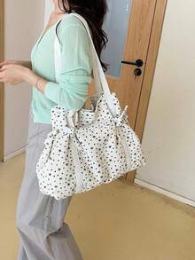 Sweet Cute Star Print Canvas Tote Bag With Dual Drawstring Closure, Soft Large Capacity Shoulder Bag, Fresh College Style Lightweight Bag Suitable For Class And Commute, Can Store Books And Personal Items, Women's Bag - Beige - View 5