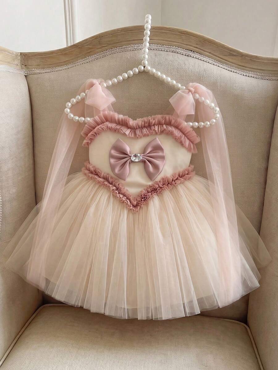女嬰細肩帶蝴蝶結網紗公主洋裝,適合生日派對、花童、婚禮及重要場合 - 香檳色 - 查看 1