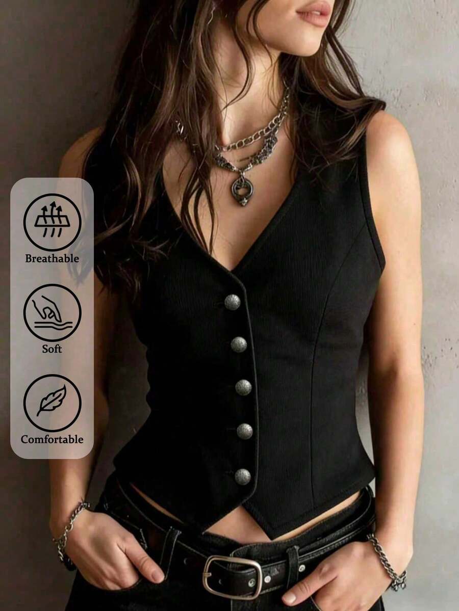Ladies' Autumn Elegant Solid Color Front Buckle Irregular Top Vest Suitable For Daily Office Work - Black - View 1