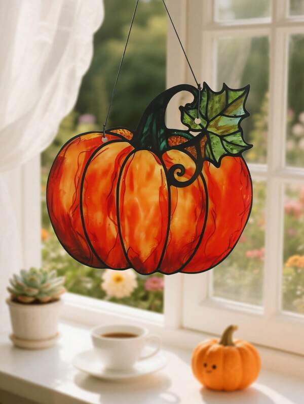 1 pièce Décoration suspendue de fenêtre citrouille d'automne, pendentif à motif de feuille de citrouille orange, décoration de fenêtre pour la fête de la récolte de Thanksgiving, ornement suspendu d'automne pour la maison, décoration suspendue de porte, fenêtre et mur, décoration de fête de la saison des citrouilles, décoration intérieure pour salon, chambre, cuisine, entrée, porche, cheminée, étagère, accessoire de décoration douce pour arrière-plan de fête d'automne, accessoire de toile de fond photo, décoration de vitrine de magasin, assortiment de centre de table de salle à manger, décoration suspendue d'accueil pour porte d'entrée, panneau décoratif translucide coloré avec cadre noir, décoration suspendue de scène thème de la récolte d'automne, ornement suspendu en forme de feuille de citrouille