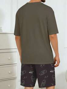 Men's Summer Pajama Set, Round Neck Solid Color Minimalist Astronaut Print Short Sleeve & Shorts, Casual Comfortable Lazy Loungewear - Multicolor - View 2