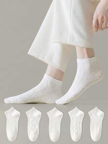 ZUJO 5 Pairs Women's Mesh Lace Trim Pure White Cable Knit Short Socks, Simple And Comfortable, Suitable For Spring, Autumn And Summer - White - View 3