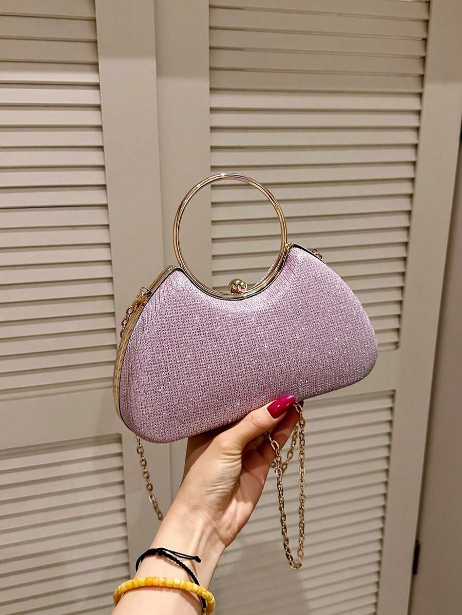 Metallische Glitzer Abend-Clutch mit rundem Griff, formelle Kleider-Handtasche, kleine Party-Bankett-Umhängetasche mit Metallkette - Pink - Übersicht 1