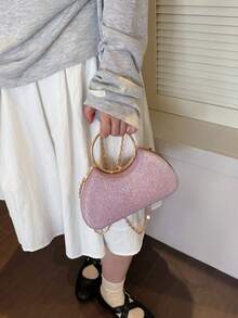Metallische Glitzer Abend-Clutch mit rundem Griff, formelle Kleider-Handtasche, kleine Party-Bankett-Umhängetasche mit Metallkette - Pink - Übersicht 5