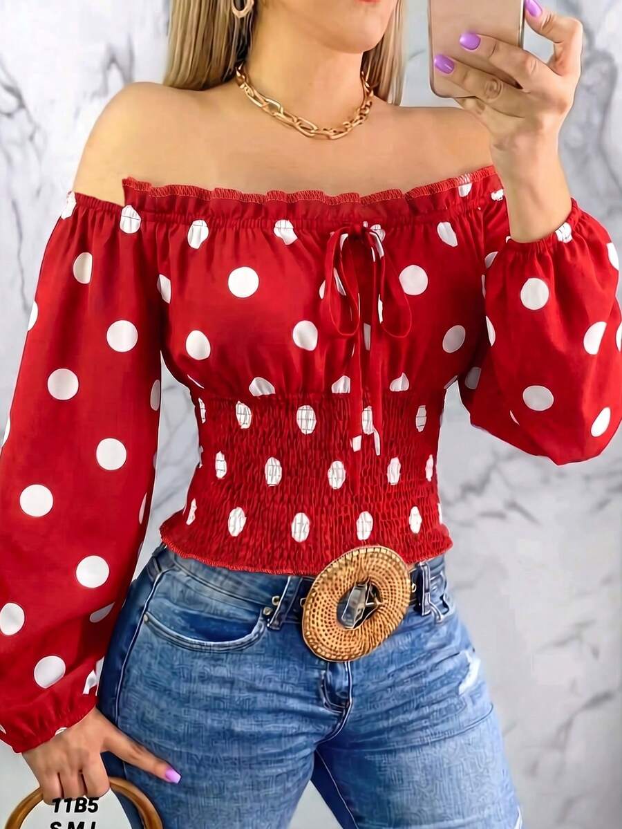 Atasan Wanita Motif Polkadot Tanpa Bahu dengan Detail Kerut, Kasual, Serbaguna untuk Pakaian Sehari-hari, Warna Merah, Cocok untuk Liburan. - Merah - View 1