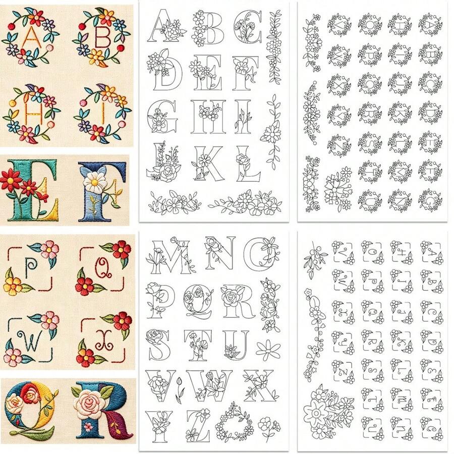Pre-Printed Floral Wreath Letter Water-Soluble Adhesive Embroidery Stabilizer, Washable Pattern, Suitable For Beginners And Hand Sewing Enthusiasts