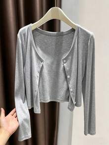 Atasan Pelindung Matahari Rajutan Modal Ringan Musim Semi/Panas - Grey - View 5