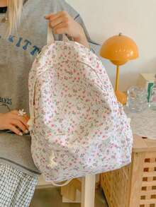 1pc White Nylon Floral Print Double Zipper Large Capacity Fashion Versatile Backpack, Student Bag - White - View 6