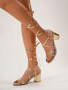 Spring/Summer Women's Multiple Strap Chunky Heel Lace Up Fashion Party Silver Metallic High Heel Sandals - Gold - View 5