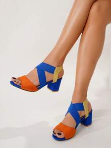 Fashionable Chunky Heel Elastic Band Sandals, Peep Toe High Heel Sandals For Spring And Summer - Multicolor - View 6