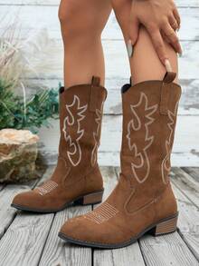 女款秋冬刺繡仿麂皮駱駝色西部靴，尖頭粗跟V領過膝長靴，牛仔靴，女牛仔靴 - 咖啡棕 - 查看 4