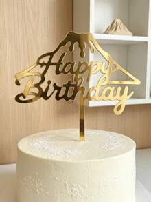 3pcs Gold Mirror Acrylic Birthday Cake Toppers, Hollow Volcano Mountain Frame, Fluid Cursive Handwritten Style, With Support Rod, Sturdy Mirror PMMA Material, Suitable For Men And Women Outdoor Travel Style Birthday Cake Decoration - A - View 5
