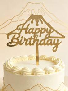 3pcs Gold Mirror Acrylic Birthday Cake Toppers, Hollow Volcano Mountain Frame, Fluid Cursive Handwritten Style, With Support Rod, Sturdy Mirror PMMA Material, Suitable For Men And Women Outdoor Travel Style Birthday Cake Decoration - A - View 1