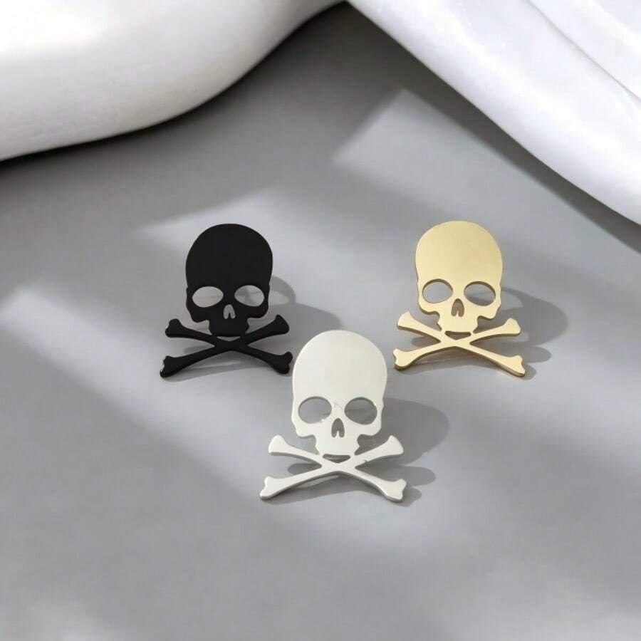 3pcs Personalized Design Minimalist Metal Skull Lapel Pins For Men. Casual Tie Badge. Sleeve Brooch - Gold + Silver + Black - View 1
