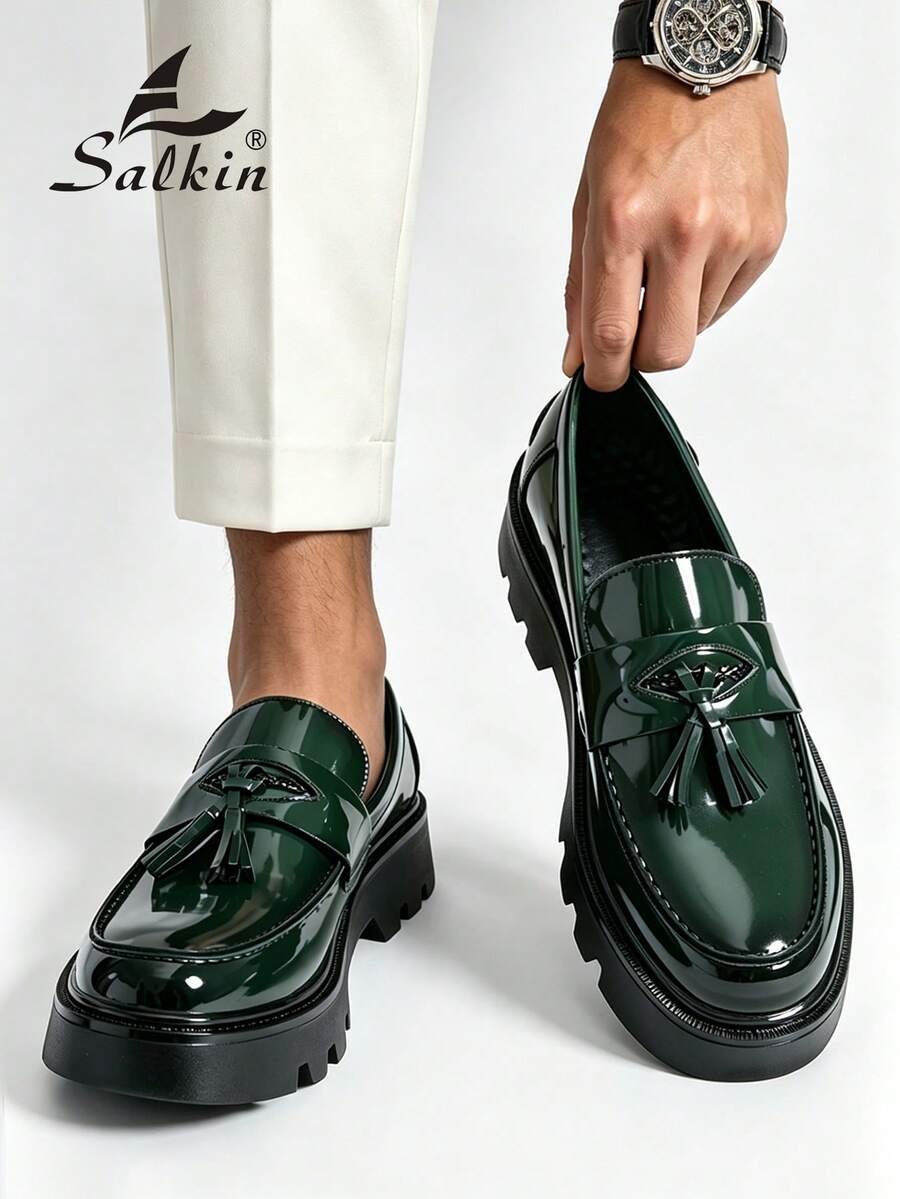 Salkin 新款英式設計男士粗齒底樂福鞋 流蘇厚底一腳蹬樂福鞋 平價品牌感舒適圓頭紳士正裝鞋 商務漆皮亮面鞋 素色鞋面 防滑耐磨增高厚底鞋 日常休閒男士情侶約會出遊百搭鞋 派對宴會婚禮新郎鞋 男士社交鞋 節日禮物 全季適用