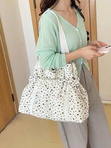 Sweet Cute Star Print Canvas Tote Bag With Dual Drawstring Closure, Soft Large Capacity Shoulder Bag, Fresh College Style Lightweight Bag Suitable For Class And Commute, Can Store Books And Personal Items, Women's Bag - Beige - View 3