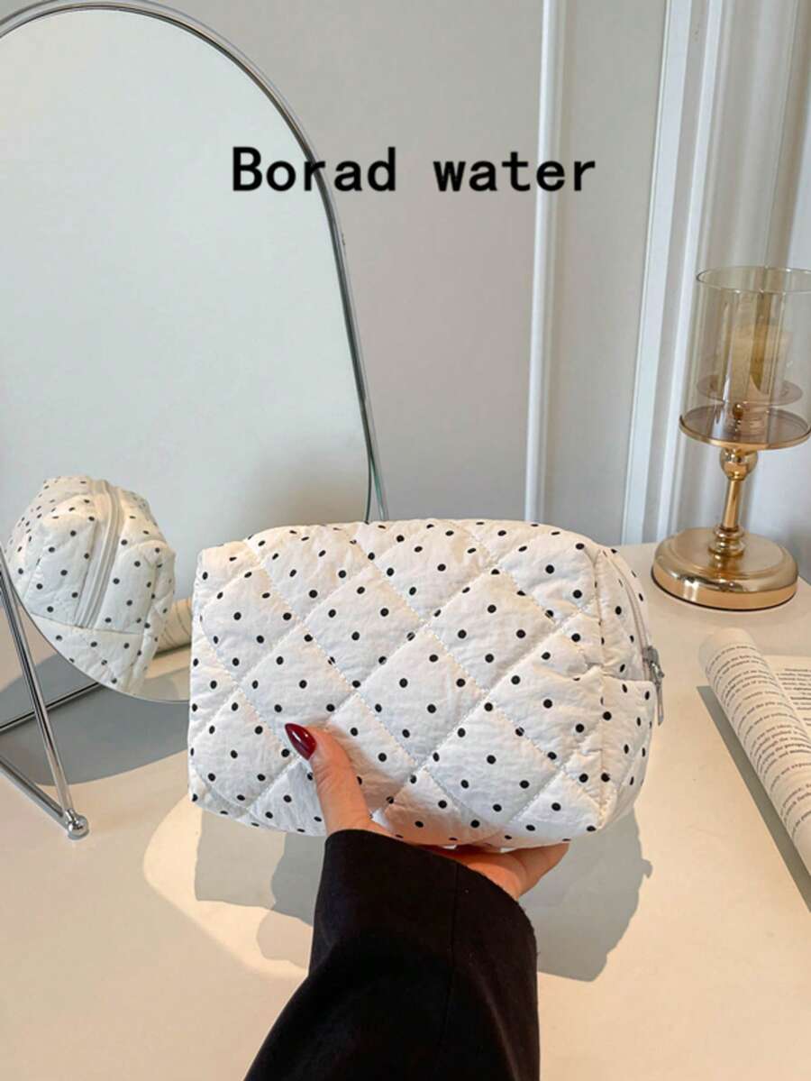 時尚多功能絎縫刺繡格紋加厚化妝包 學生鉛筆袋 波點圖案 休閒手提包 保暖羽絨收納袋