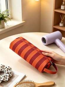 1 pièce Sac de rangement pour sèche-cheveux en velours côtelé à imprimé rayé, sac de rangement portable pour boucleur de cheveux avec poignée, sac de voyage pour outils de coiffure pour femmes, sac pour fer à friser - Multicolore - Voir 2