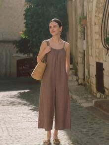 Summer Women's Fashionable Solid Color Sexy Camisole Backless Ruched Tie-Up Loose Sleeveless Vacation Style Jumpsuit With 9/10 Length Pants - Brown - View 3