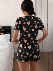 Women's Heart Print Short Sleeve Pajama Shorts Set 2pcs - Black - View 2