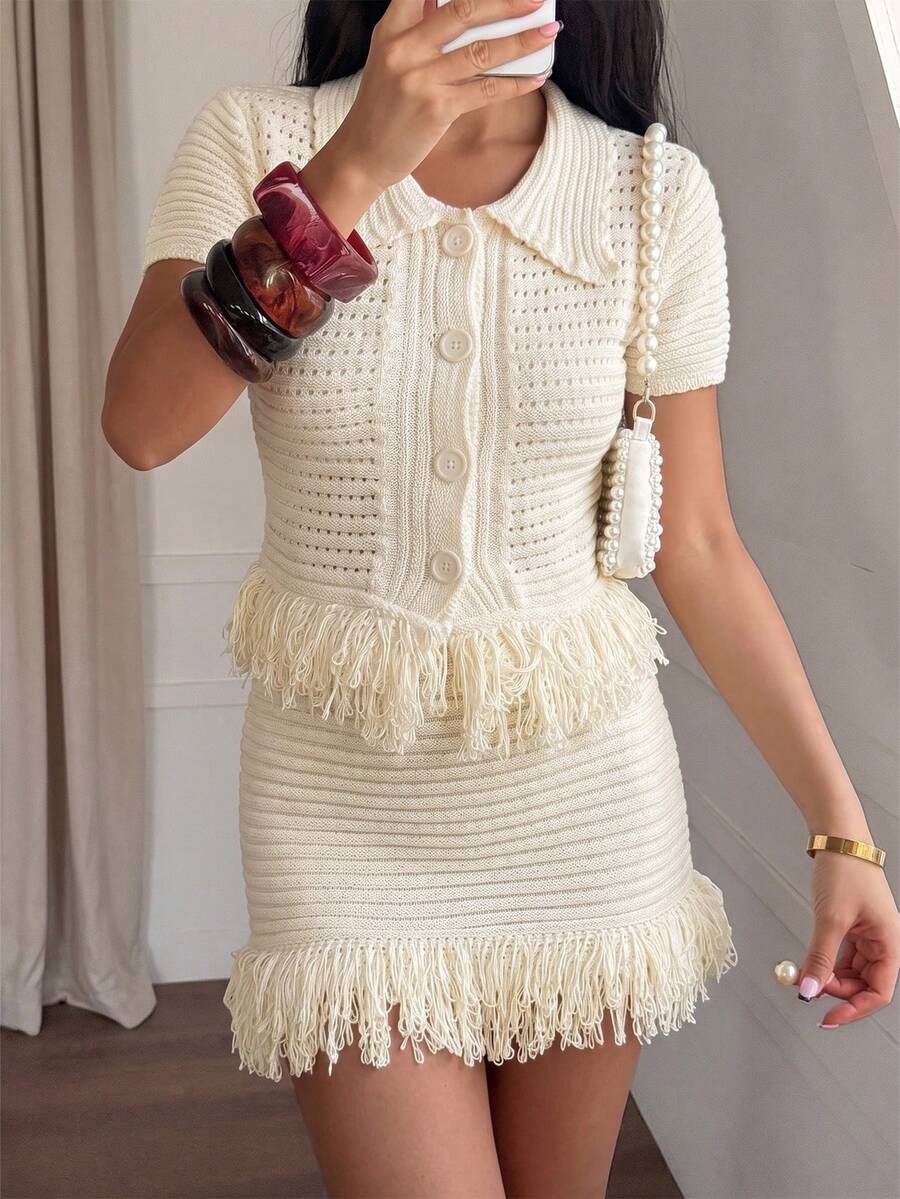 Y2K Women's 2 Pieces Crochet Knit Set: Short Sleeve Button Top + Frayed Hem Mini Skirt, Perfect For Bohemian Style Cocktail Parties, Night Outings And Autumn Outfits. Size Runs Large, Recommend Sizing Down One - White - View 1
