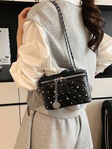 1pc Solid Color Small Square Handbag, Fashionable Box Bag, PU Leather Material, Pearl Decoration, Daily Use Bag, Office, Phone & Lipstick Storage Bag, Suitable For Women, College Students, Office, University, Work, Business, Commute - Black - View 7