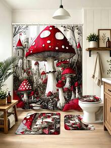 1/4pcs Red Mushroom Fairy Tale Castle Dreamy Mushroom Forest Autumn Bathroom Set, Includes Shower Curtain, Bath Mat, U-Shaped Mat, Toilet Lid Cover And 12 Hooks, Polyester Fiber Machine Washable Matching Decor, Shower Curtain, Waffle Weave Shower Curtain, Hookless Shower Curtain, Suitable For Halloween, Christmas, Autumn, Summer And Other Seasonal Holidays - Multicolor - View 16