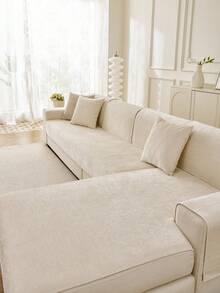 1pc Chenille Vertical Textured Jacquard Solid Color Sofa Cushion Cover, Modern Minimalist Sofa Seat Cover, Anti-Slip Anti-Dust Anti-Cat Scratch Pet Friendly, Durable Wear-Resistant Machine Washable, Protect Sofa, Sofa Renovation, Sofa Decoration, Enhance Atmosphere, Bohemian, All Season Universal Sofa Cover, Universal Living Room Bedroom Study Outdoor, 1-4 Person Straight L-Shaped Sofa Cushion Cover, Sofa Cover - Beige - View 4