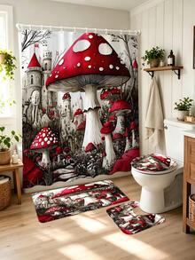 1/4pcs Red Mushroom Fairy Tale Castle Dreamy Mushroom Forest Autumn Bathroom Set, Includes Shower Curtain, Bath Mat, U-Shaped Mat, Toilet Lid Cover And 12 Hooks, Polyester Fiber Machine Washable Matching Decor, Shower Curtain, Waffle Weave Shower Curtain, Hookless Shower Curtain, Suitable For Halloween, Christmas, Autumn, Summer And Other Seasonal Holidays - Multicolor - View 7