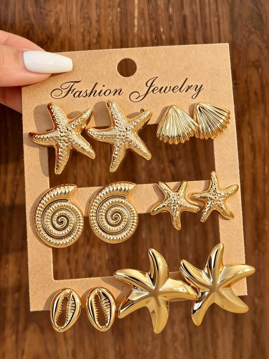 1/6 Pairs Gold-Plated Starfish, Shell, Conch Earrings Set, Women Beach Accessories, Beach Jewelry - Yellow Gold - View 1