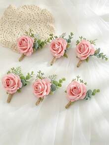 1pc/6pcs Pink Princess Rose Corsage With White Baby's Breath And Artificial Greenery, Romantic Men's Boutonniere, Suitable For Wedding Decor, Party, Daily Wear, Valentine's Day Accessory - Flesh Pink - View 1